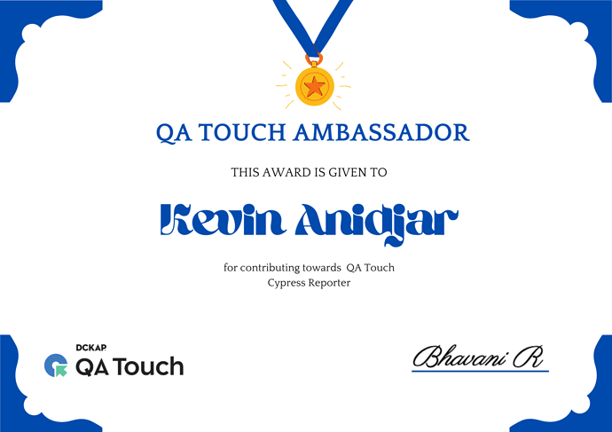 QA Touch Ambassador Certificate Kevin Anidjar