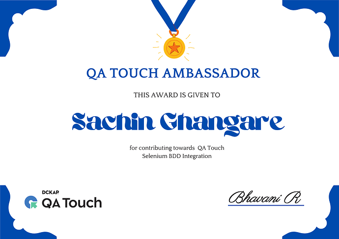 QA Touch Ambassador Certificate Sachin Ghangare